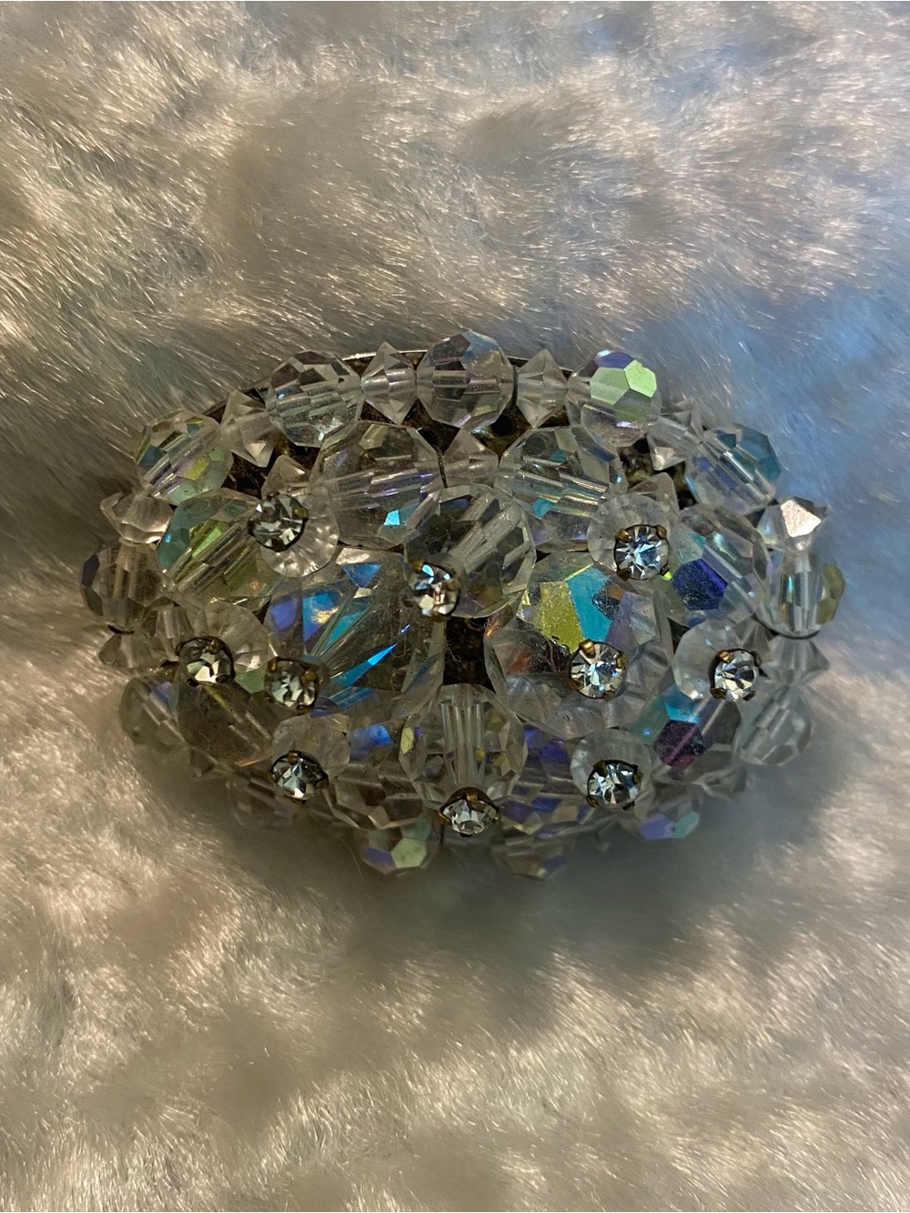 🍀VTG Crystal Beaded Oval Brooch - Clear Aurora Borealis Sparkle